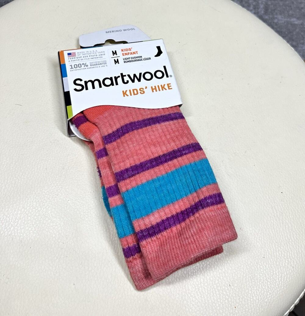 Smartwool Kids Hike Merino Wool Light Cushion Crew Socks M Striped Pink